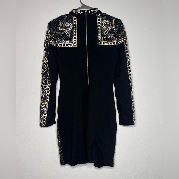 BEBE EMBELLISHMENT BODYCON MINI DRESS LONG SLEEVE BLACK - Picture 6 of 8